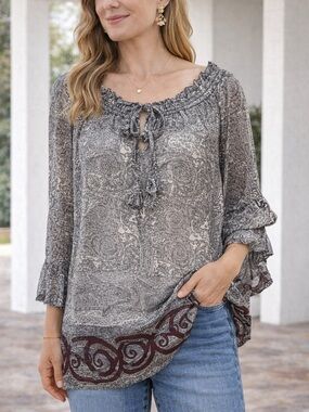 Boho Paisley Sheer Blouse Gray White Maroon Tie Front Keyhole Flowy Tunic Top L